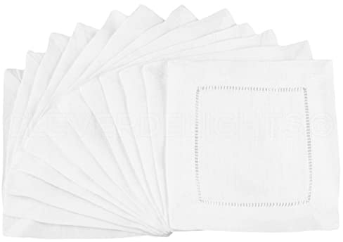 CleverDelights White Hemstitch 6 Cocktail Napkins - 12 Pack - 55/45 Linen Cotton Blend