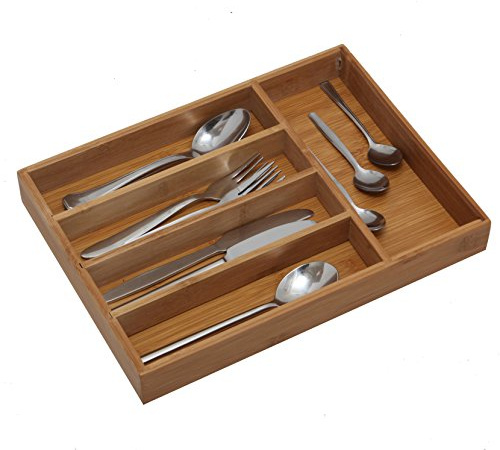 Raxter® Bamboo Cutlery tray organiser Adjustable 5 Compartment Drawer Organizer &Utensil Holder for Kitchen Accessories Natural Brown wooden cutlery divider trays Eco-Friendly flatware organizer