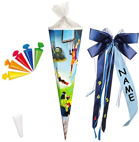 alles-meine.de GmbH Set Schultüte + 5 kleine Zuckertüten - Sport - Fußball/Basketball/Fahrrad Bike/Inline Skates - 85 cm - eckig - incl. individueller großer SCHLEI..