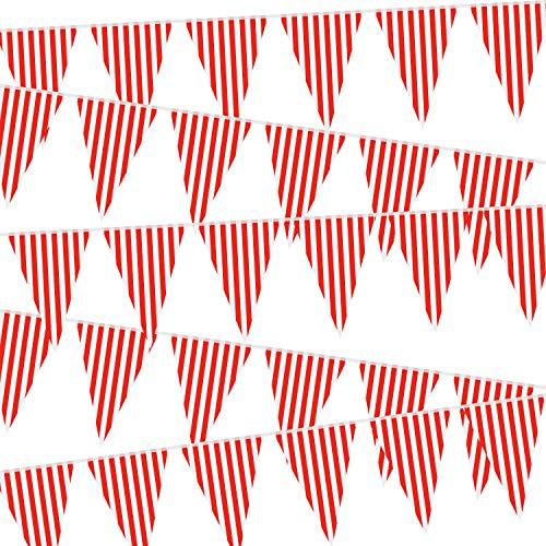 5 Packungen Karneval Zirkus Party Dekorationen, Zirkus Karneval Bunting Banner, Rote und Weiße Wimpel Banner Dreiecke Bunting Flagge für Karneval Geburtstag Party, 7,4 x 10,8 Zoll | Zirkus-Party-Dekorationen, Karnevals-Themen-Wimpelkette, rot-weiß gestreiftes Design, Innen- und Außenbereich, 18 x 27 cm