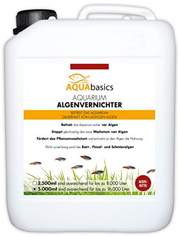 AQUAbasics Aquarium Algenvernichter für alle Schmieralgen, Bartalgen und Pinselalgen - Dauerhaft, schnell und sicher Algenfrei, Größe:5 Liter