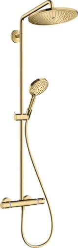 hansgrohe wassersparendes Duschsystem Croma Select S Showerpipe 280 Regendusche (Duschkopf, Duschstange, Thermostat, Schlauch, 3 Strahlarten) Polished Gold Optik