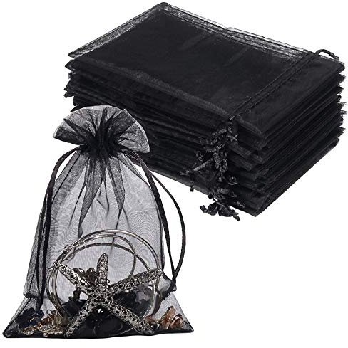 YQL 100PCS Black Organza Gift Bags, 10X15cm Mesh Wedding Favour Gift Bags with Drawstring for Jewelry Makeup Bracelet Candy Valentine Baby Shower Party Christmas Festival Packing