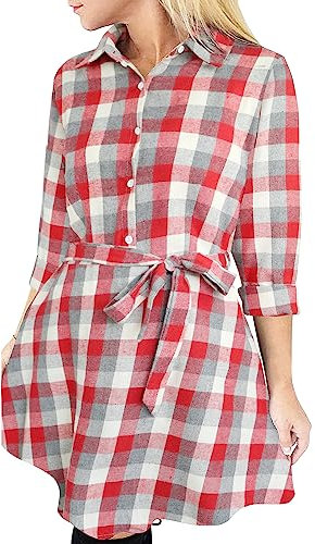 FANCYINN Blusenkleid Damen Weihnachtskleid Kariert Langarm Weihnachten Hemdkleid Gestreift Kleid Lässige Kleidung mit Gürtel Frauen Weihnachtsoutfit für Party Rot Weiß Grau M