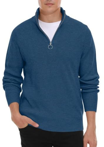 Hisir Pull Homme en Tricoté 1/4 Zip Pullover Sweater, Pull d'hiver Doux et Confortable pour Homme Pulls pour Homme avec Col Montant et Fermeture à Glissière (Bleu VC, L)