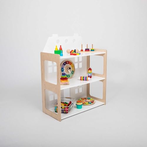 Puppenhaus aus Holz, Puppenhaus-förmiges Regal, Spielzeugaufbewahrung, Kinderzimmer-Regal (weiß und natur)