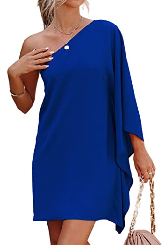 Jhsnjnr Womens Casual One Shoulder Batwing Sleeve Dresses Summer Flowy Cocktail Mini Dress Blue