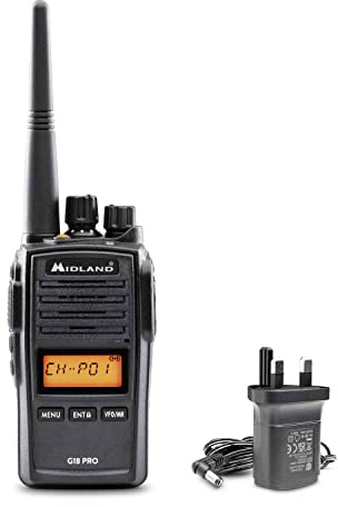 Midland - Walkie Talkie G18 PRO, UKCA Certified Walkie Talkies, 99 PMR446 Channels, UK Plug, Military Standard MIL-STD-810G, IP67 Waterproof - 12Km Range, 22H Battery, Scrambler & Compander Function