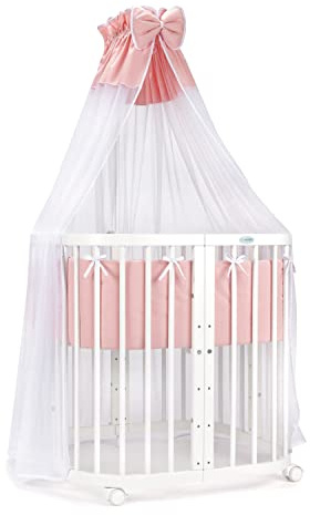 waldin Babybett 7in1, Matratze, Rollen, Regal, Weiß | Stoff Lachs, Mitwachsend, Beistellbett aus Holz, Wiege optional