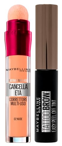 Maybelline New York Instant Anti-Âge Correcteur Multi-usages 02 Nude + Tattoo Brow Easy Peel Off Tint Crayon à sourcils 25 Chocolate Brown – Kit de maquillage effet tatouage anti-reflet