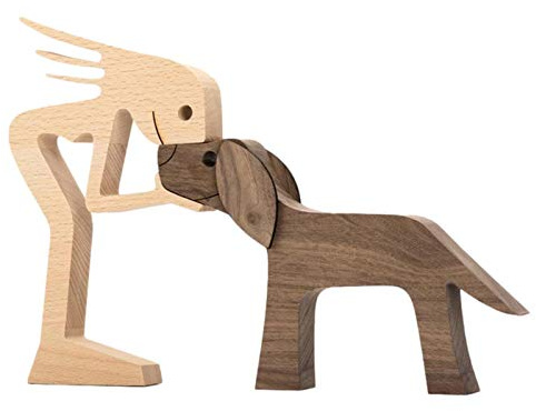 Familien-Welpe Holzschnitzerei Ornamente, Menschen Mit Hund Statue, Freundschaft Zwischen Hund Und Menschen Denkmäler Statue Kreative Geschenke Für Desktop