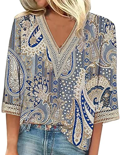 Chemises Longues Tee-Shirts à Manches 3/4 pour Femmes Top Taille 48 Tee Shirt Resille Chemisier T Shirt Femme Blouse Femme Habillee Mousseline Top Ample Femme Ete Femme Blouses Chemise