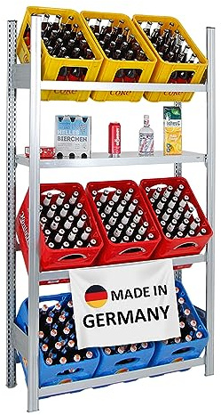 PROREGAL Getränkekistenregal Magnus Made in Germany | HxBxT 185x106x34cm | 9 Kisten auf 3 Ebenen + Board | Verzinkt | Freistehendes Kistenregal Kastenregal Getränkekregal Kistenständer