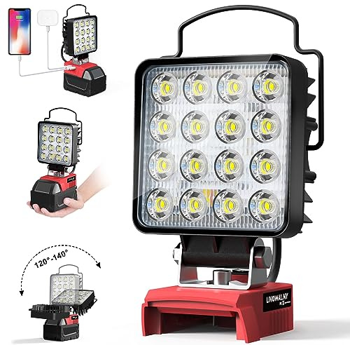 LIVOWALNY 48W Foco Led Recargable Compatible con Milwaukee 18V | Luz trabajo LED Inalámbrica 4800LM, Con Puerto de Carga USB y tipo C para Acampar y Hacer Senderismo(Sin Batería)-Rojo