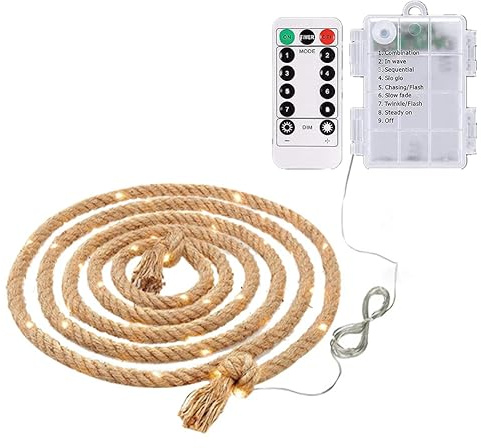 Battery Powered Jute Rope Lights, 10M 200 LED Waterproof Rope Light, Rope Lights Outdoor Indoor, Rope Lighting for Patio, Pool, Bedroom, Living Room, Landscape Lighting and Christmas Tree Decorations