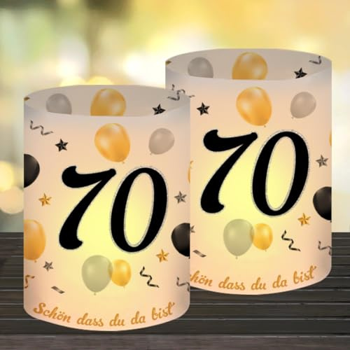 12 Windlicht Tischdeko 70 Geburtstag, Happy Birthday Tischdeko 70. Geburtstag Frauen, 70 Geburtstagdeko Frau Mann, Geeignet für Teelichter oder Kerzen mit Schön DASS Du Da Bist und Eukalyptus