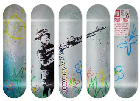 Board aus Aluminium in Form eines Skateboards, für Wanddekoration, Anime, No Parking – Banksy Inspired, für eine originelle Dekoration (5 Bögen + Befestigungssets)