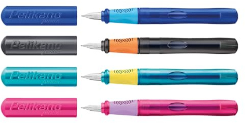 Pelikan Pelikano Junior Schreiblernfüller für Linkshänder, Feder L, inkl. 1 Großraumtintenpatrone Königsblau – Ergonomische Griffzone – farbig sortiert – Zufallsfarbe, kein Farbwunsch möglich