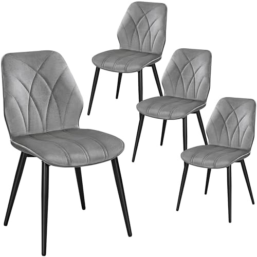 Yaheetech Chaises de Salle à Manger Lot de 4 Assise en Velours Dossier Ergonomique Chaises de Cuisine Moderne Bien Rembourrée Sièges de Chambre Cadre en Métal 58,5 × 44 × 82 cm Gris Clair