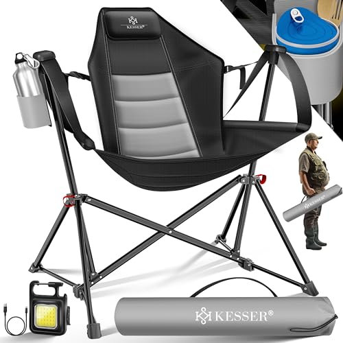 KESSER® Campingstuhl faltbar Schaukelstuhl bis 160 kg | Angelstuhl Faltstuhl Klappstuhl Gepolstert mit hoher Rückenlehne | Inkl. Campinglicht & Getränkehalter | Strandstuhl mit Wippfunktion, Grau