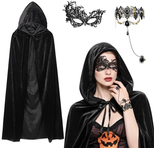 KYOEOE 3er Schwarzer Umhang mit Kapuze Set,140/150cm Halloween Umhang Samt mit SpitzeMaske & Gothic Finger Kette Vampir Umhang Damen Darth Mittelalter Cape Vampire Kostüm für Karneval Fasching Partys