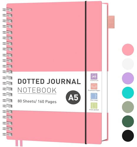 RETTACY Notebook A5 Bullet Dot Journals for Women, Grid Wirebound Spiral Notebook 160 Pages for Writing,PVC Pocket,Pen Loop, Ruler, Bookmark, for Note Taking School Office Supplies,14.5 x 20.7cm-Pink