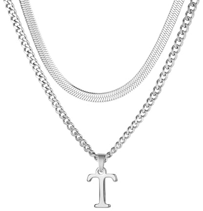 Buchstaben Halskette Herren, Edelstahl Silber kubanische Kette verstellbare Schlange Kette mit A-Z Letter Anhänger Geschichtet Halskette für Männer Papa Freund Geburtstag Vatertag Weihnachtsgesc (T)