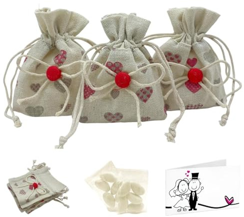 Doni Bomboniere Set Bomboniere Matrimonio 12 Sacchetti Juta Panna con Cuori Fantasia Patchwork Stile Shabby Portaconfetti 12 Bustine Confetti Bianchi 12 Bigliettini da Personalizzare Gadget
