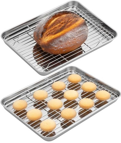 Navaris Bandejas Horno con Rejilla - Set de 4x Bandeja Horno 31 x 24 cm - 2x Bandeja Horno Acero Inoxidable con 2x Rejilla Horno - Bandejas para Horno con Rejilla Fácil de Limpiar