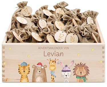 wunderwunsch® - Personalisierter Adventskalender zum selber befüllen - Adventskiste Holz mit kinderfreundlichem Druck - mit Juteschnur Jutesäckchen und Holzzahlen (groß | 39x29x13cm)