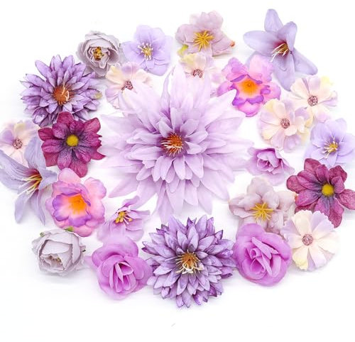 MOTONG 30 PCS Artificial Flowers for Decoration-Fake Flowers Heads for Cake Decorations, DIY Silk Flowers Purple Artificial Flowers Decorative Bridal Bouquet Flower Wall Panel Party Wedding