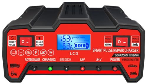 Caricabatterie per moto - Caricatore di mantenimento per auto intelligente completamente automatico con schermo LCD | Avviatore di emergenza portatile, caricabatteria versatile per barca, caricabatter