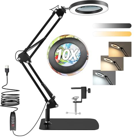 AN HUI MING 10X Magnifying Glass with Light and Stand, Rechargeable Magnifying Glasses Lamp Adjustable Arm, 3 Color 4.13 Magnifier Lamp, Flexible LED Magnifier Desk for Reading Painting Work