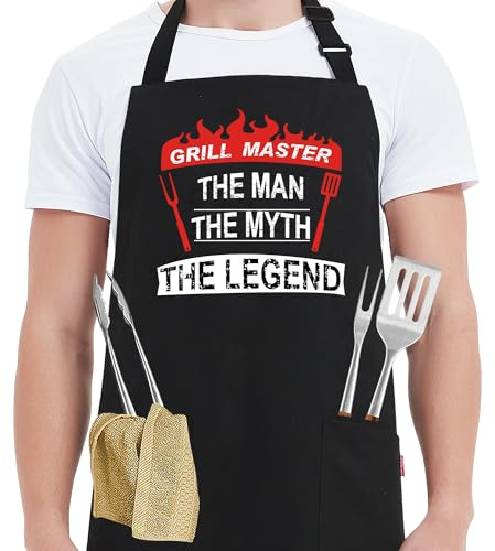 Kaidouma Grill Aprons for Men Funny - Grill Master The Man The Myth The Legend - Men’s Adjustable Bib Cooking Grilling BBQ Aprons with 2 Pockets and Long Ties