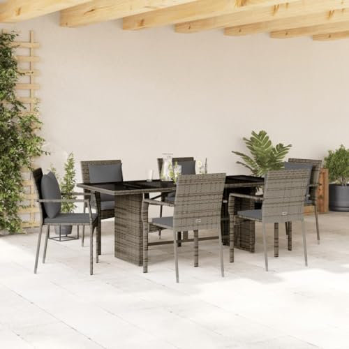 IKAYAA Rattan Gartenmöbel Essgruppe, Garten Sitzgruppe 6 Personen, Gartengarnitur Sitzgarnitur Balkongarnitur, Rattan Gartenmöbel 6 Personen Tisch Glas Stühle, Grau Type-2