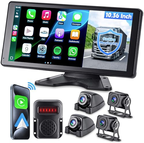 RV Camera System with CarPlay & Android Auto, 10.36'' Monitor with Blind Spot Detection/Parking Monitoring/Voice Control/DVR/Navigation, 4 1080P Backup Camera System for Semi Truck Trailer Camper