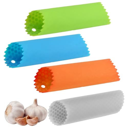 Hinapan 4 Stück Silikonsches Knoblauch Entferner, Silikon Knoblauchschäler, Knoblauchpresse, Knoblauchrolle, Knoblauchzerkleinerer, Küchenhelfer ohne Geruchsrückstände