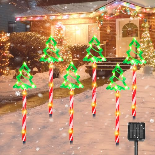 Awgssifum Christmas Decorations, Solar Christmas Pathway Lights Outdoor Decorations, 8 Modes Xmas Tree Candy Lights Waterproof Led Garden Stake Light for Walkway Yard Lawn Porch Holiday Decor-6 Pack