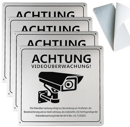 4 Stück Kamera Schild, Kamera Uberwachung, Warnschild Videoüberwachung Für Privatgrundstück, Aluminium Schilder Mit Selbstklebend, Videoüberwachung Schild Zur Erhöhung