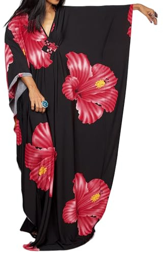 Bsubseach Moo Moos kaftan klänningar för kvinnor blommigt tryck plus size baddräkt coverup kaftan maxi strandklänning med fickor, Röd, one size