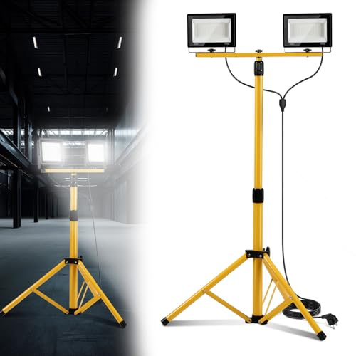 Eikuavons 2 x 50W Baustrahler LED mit Stativ einstellbar, IP66 Wasserdichte Baulampe mit 3m Netzkabel, 6500K LED Arbeitsstrahler für Baustelle, Werkstatt oder Keller, Innen & Außen