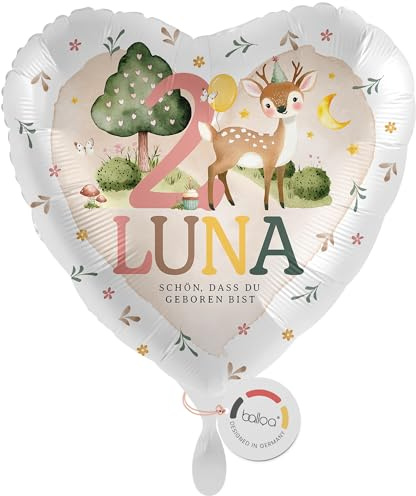 balloa Personalisierter Ballon mit Namen, Geschenk zum 2. Geburtstag, Herzballon Reh mit Wunschnamen, Helium geeignet Luftballon, Deko Geschenkidee für Mädchen, Geburtstagsdekoration, 33cm
