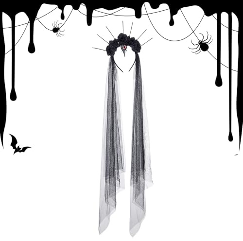 Générique Diadem für Halloween, Haarreif, Vintage, mit schwarzen Rosen und Schleier, Kopfschmuck für Tag der Toten, Kostüm, für Karneval, Partys, Hochzeiten, Cosplay