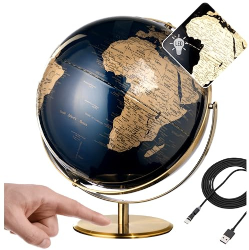 TROIKA Globus beleuchtet dimmbar 30cm JURI LIGHT FLEX Akku betrieben Magnet-USB-C-Kabel Ladeanzeige mit 2 beweglichen Achsen und Kartenrelief auf gebürstetem Metallfuß in bronzefarben, dunkelblau