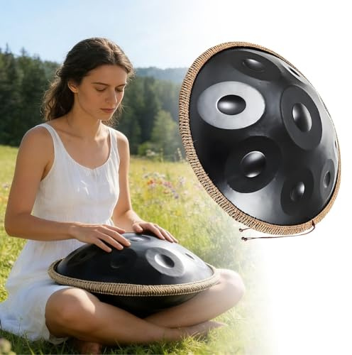 Handpan-Trommel in D-Moll Kurd Stahltrommel 22 Zoll, 440/432Hz 9/10/12 Töne, Harmonic Percussion Instrumente mit angenehmer Resonanz, inklusive Tasche und 2 Schlägeln(Schwarz,440Hz/9Note)