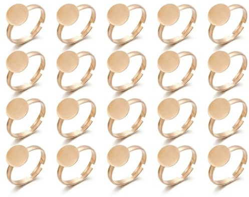 Visxcnu 20 Stück Ringrohlinge Verstellbar 10mm Flache Runde Pad Ring Basis KC Gold Cabochon Lünette Rohlinge Fingerringe für DIY Schmuckherstellung Handwerk Zubehör