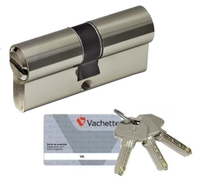 Vachette V6 - Cylindre de Serrure 30x30 mm Nickelé, 6 Goupilles, Cylindre de sécurité - Portes intérieures, Portes extérieures, 4 Clés réversibles