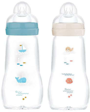 MAM Feel Good Glass Bottle 260 ml Glas Flasche, Doppelpackung, für Junge