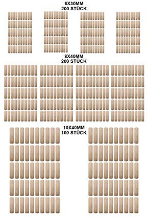 Holzdübel Set Riffeldübel Paket 6 mm / 8 mm / 10 mm 500 Stück - Made in Germany - DIN68150 - Holz Dübel