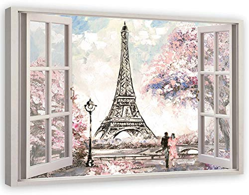 Feeby Wandbilder - Bilder Schlafzimmer - Fensterblick Eiffelturm Paris Rosa - 120x80 cm XXL 1tlg - Wohnzimmer Bild Groß - Wohnungs - Foto Geschenk - Leinwand Wall Art - Wand Deko